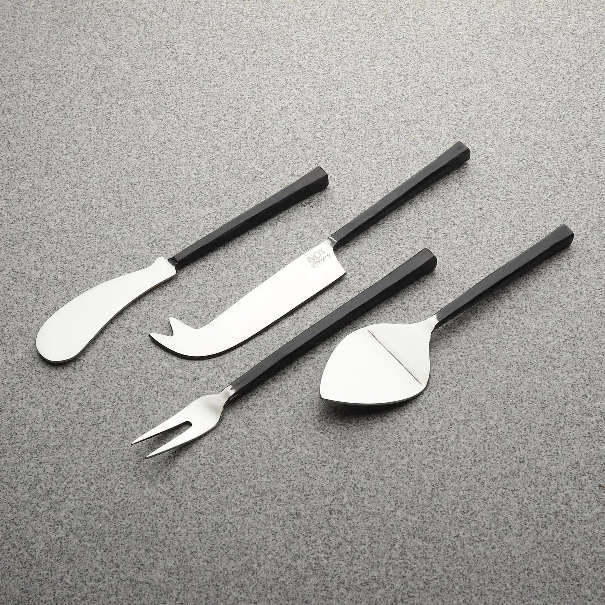 Jason cheese accessories 4 pc set: spreader, notch knife, two-prong fork, spatula, black handles.