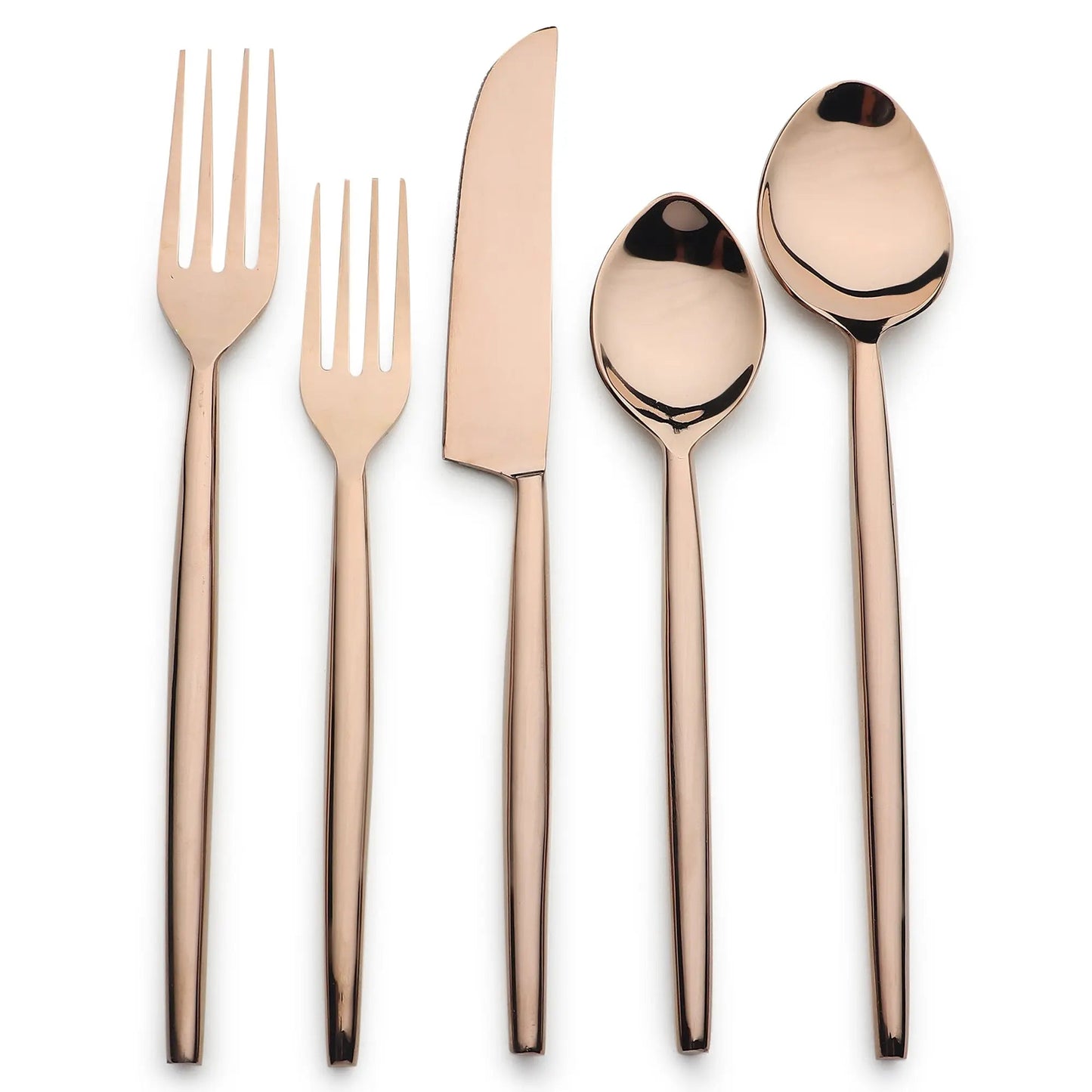 Brio PVD 5-Piece rose-gold flatware set with slim tapered handles; includes two forks, a knife, and two spoons.