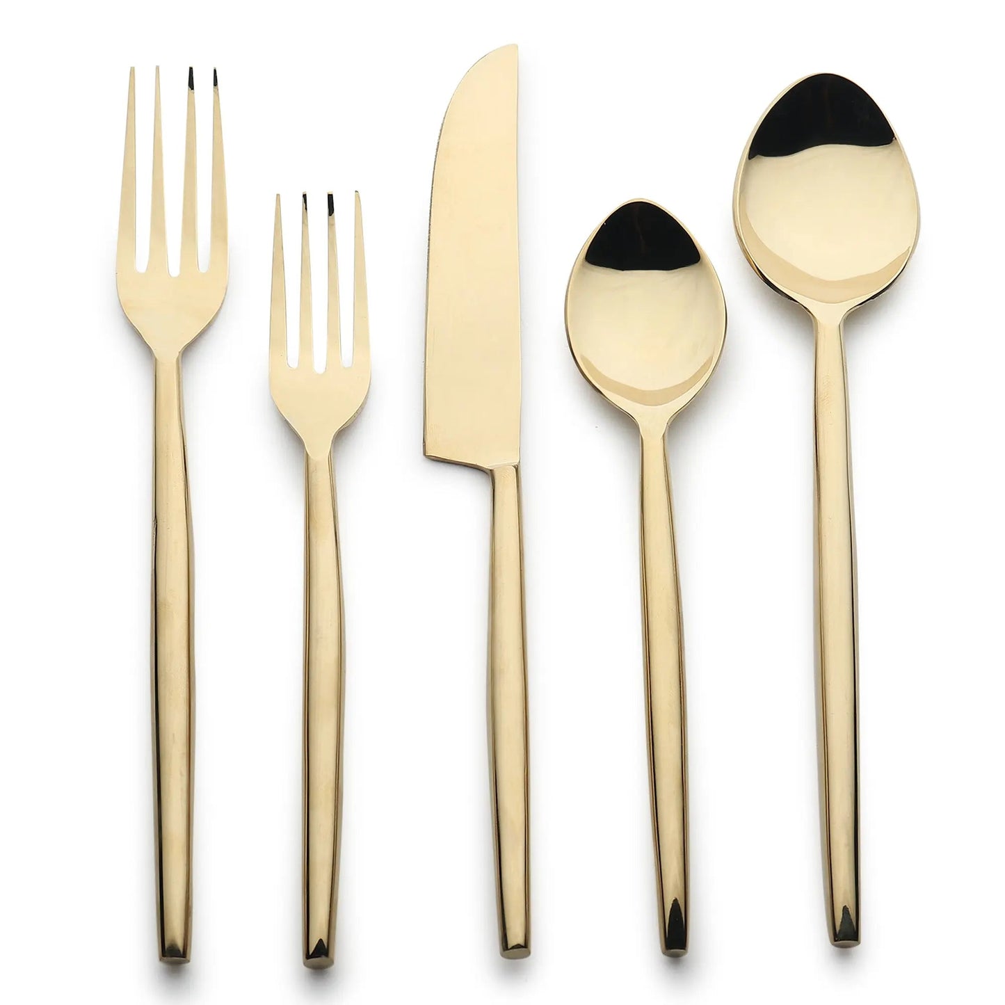 Brio PVD 5 Pc Flatware Set in gold with slim minimalist handles and balanced weight.