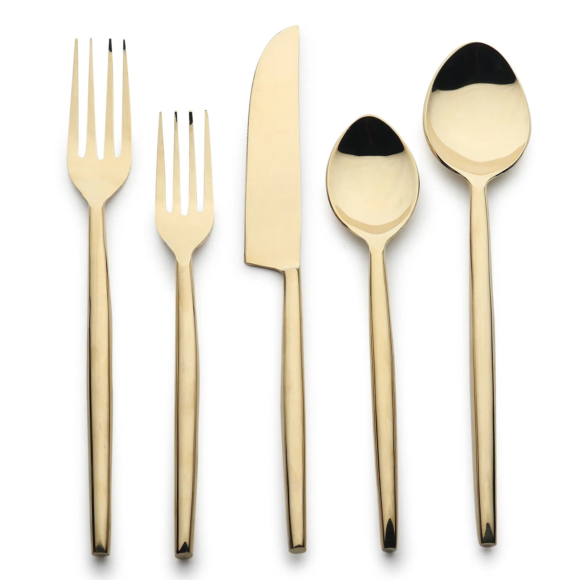 Brio PVD 5 Pc Flatware Set in gold with slim minimalist handles and balanced weight.
