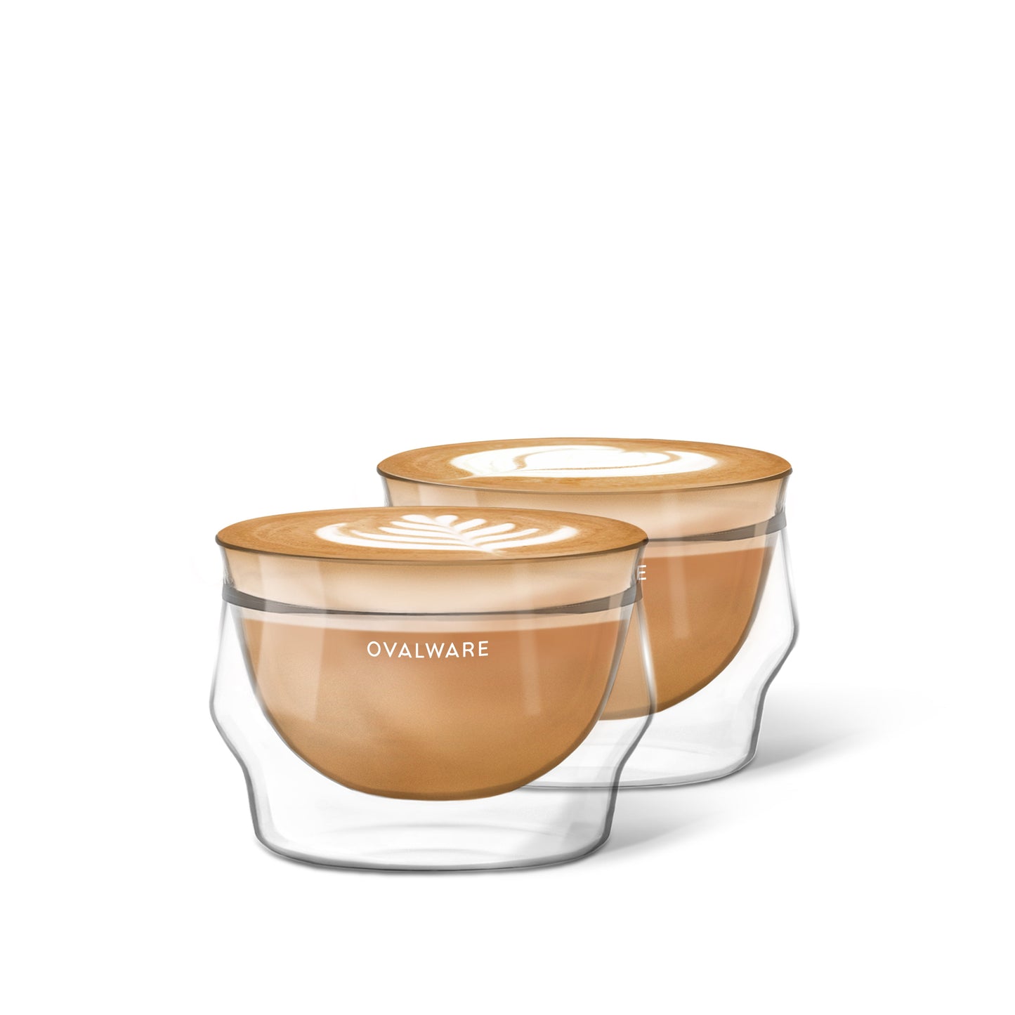 Latte Master Glass 250ml/8.5oz set of 2 - double-walled glass cups with latte art rosetta designs.