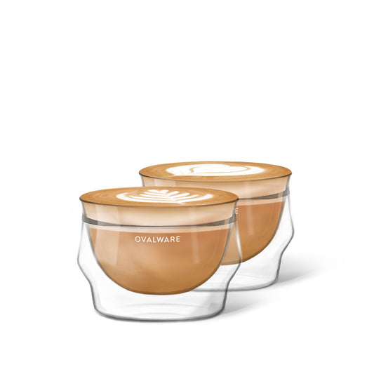Latte Master Glass 250ml/8.5oz set of 2 - double-walled glass cups with latte art rosetta designs.