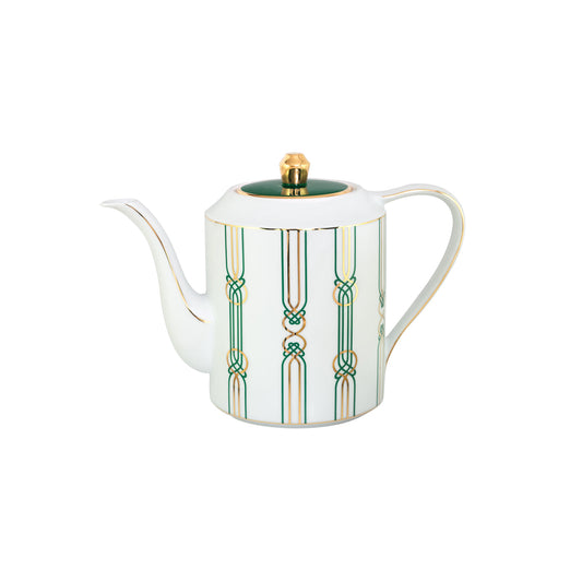 Liberty Tea Pot with emerald green arabesque pattern, gold trim on French porcelain, art nouveau equestrian style.