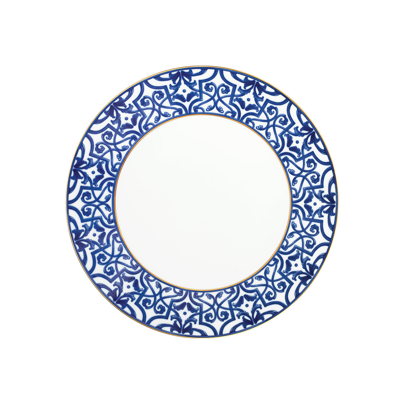 Blue Legacy Dinner Plate set of 4 with azulejo-inspired cobalt pattern and gold rim.
