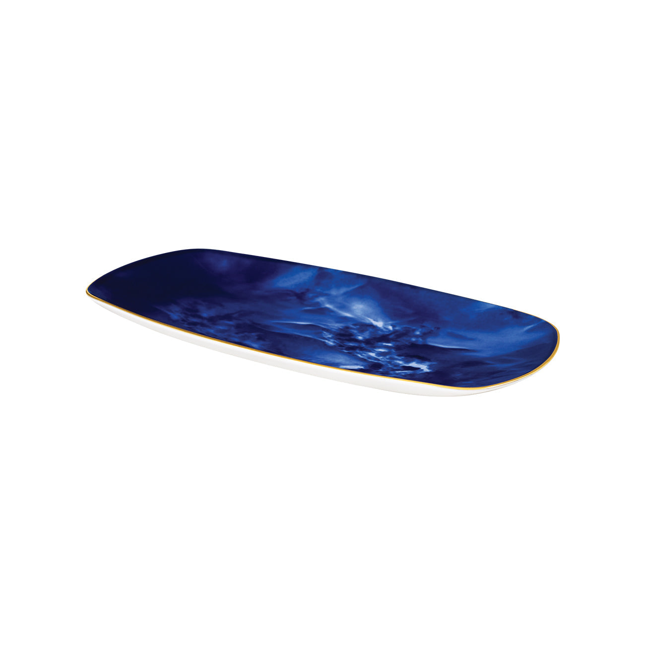 Adamastor Rectangular Platter with blue ocean motif and gold rim, French porcelain, imported, Portugal made, 11.8x5.9 in