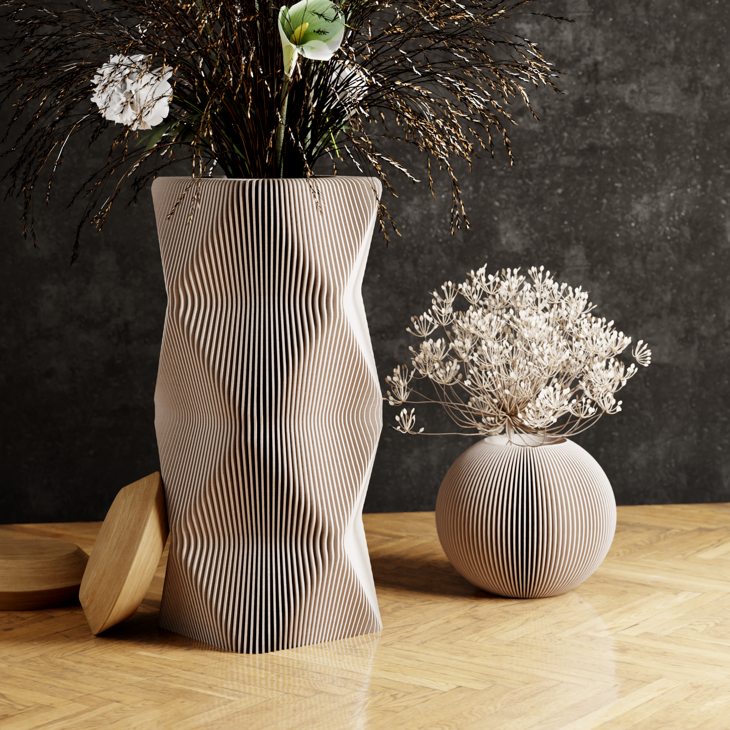 MOUNTAIN Vase: tall beige ceramic with wavy vertical grooves, 9.5in tall, 5in dia, 3in opening, with dried stems.
