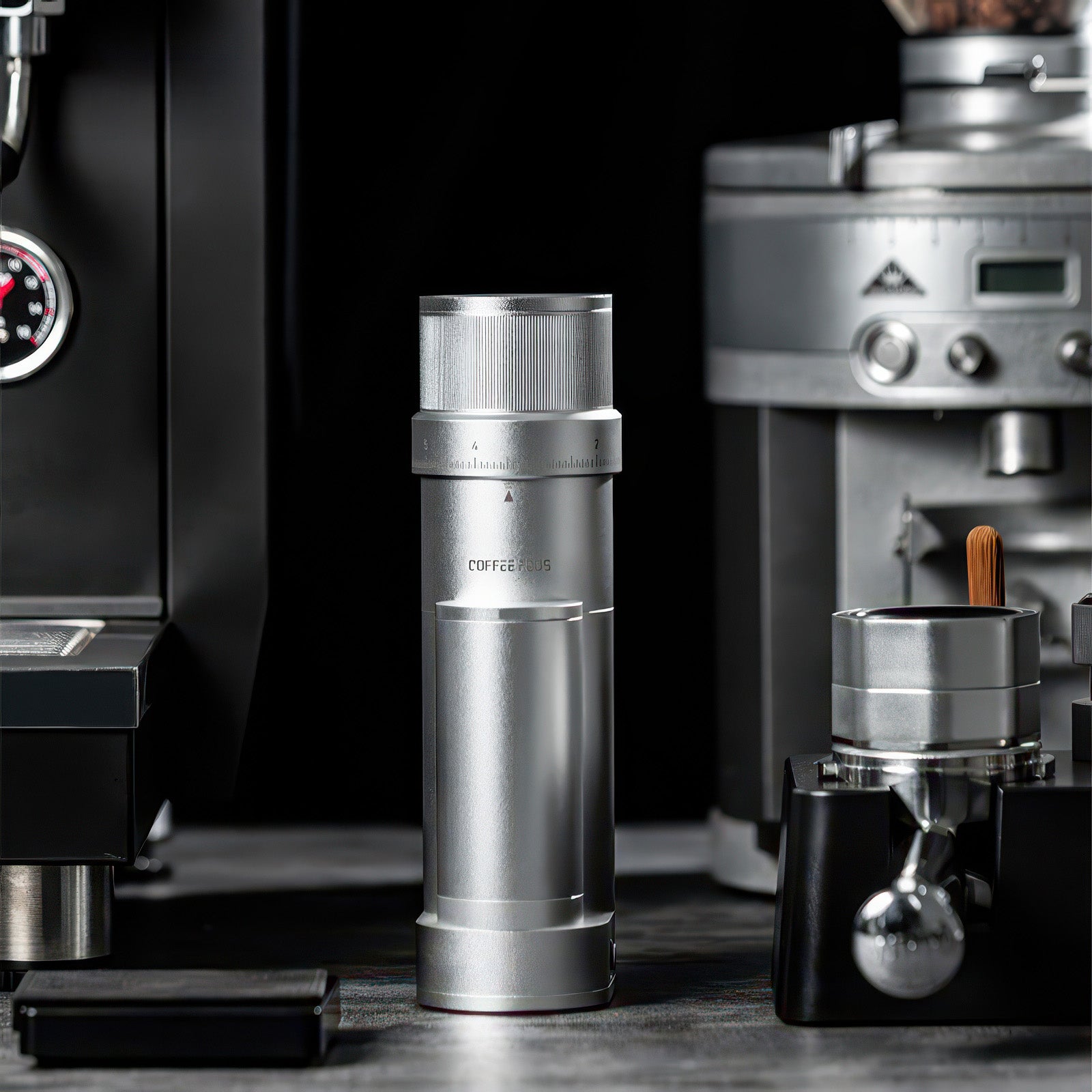 Elf V2 Electric Coffee Grinder with 48mm CNC outer burr; compact silver, fast, precise for espresso and pour-over.