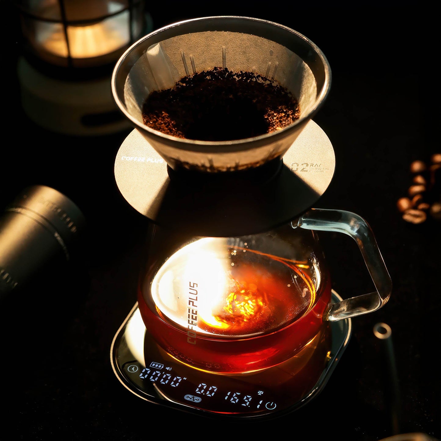 Coffee Plus Data Master Pro Smart Coffee Scale with aerospace aluminum unibody, crystal display, and pour-over setup.