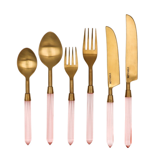Peony Blush 6-piece cutlery set with gold-toned stainless steel and pink translucent handles.