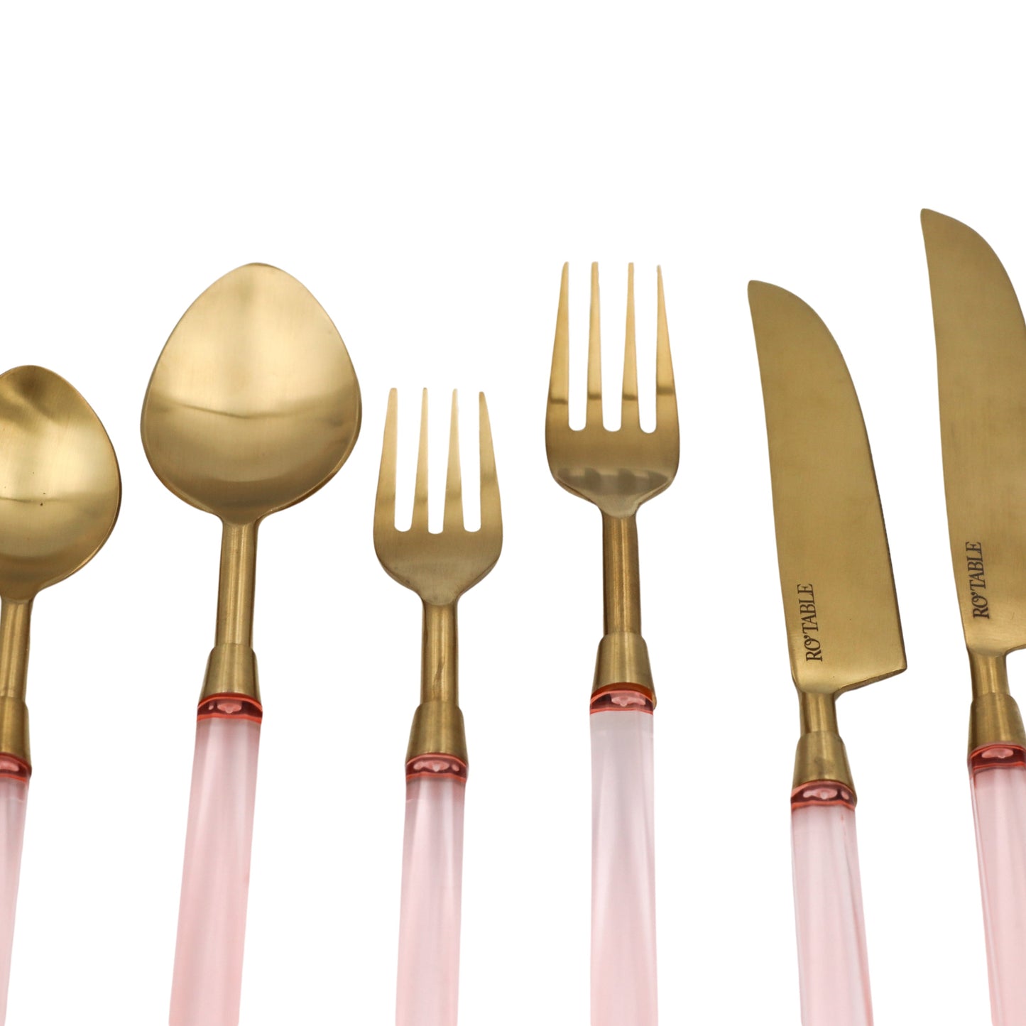 Gold-toned cutlery with pink peony-blush handles, including spoons, forks, and knives.