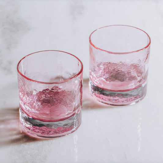 Cherry Blossom Collection: pink hand-blown rocks glasses, set of 2, Made in USA.