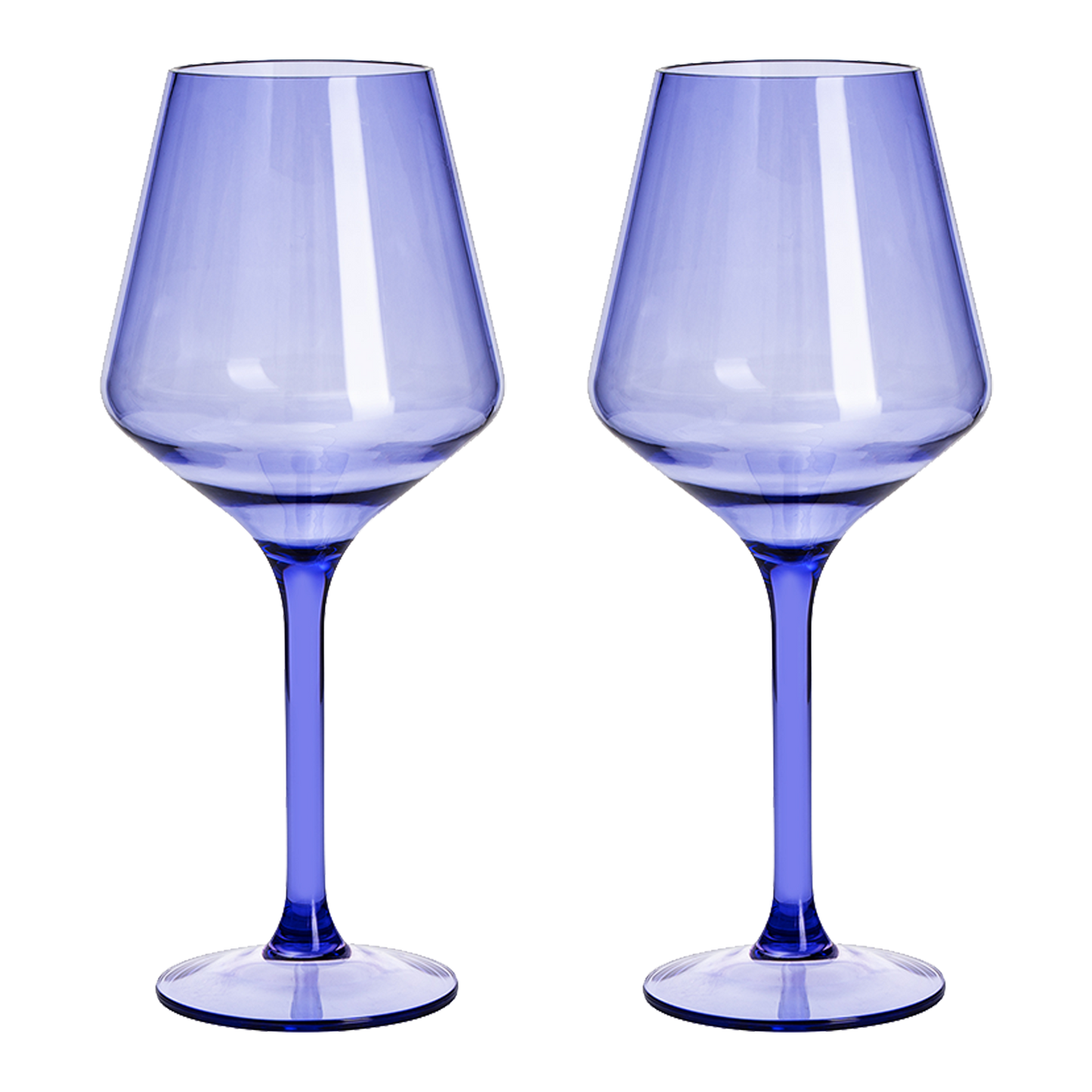 Pair of blue poolside floating wine glasses with stems, 15 oz, shatterproof Tritan plastic.