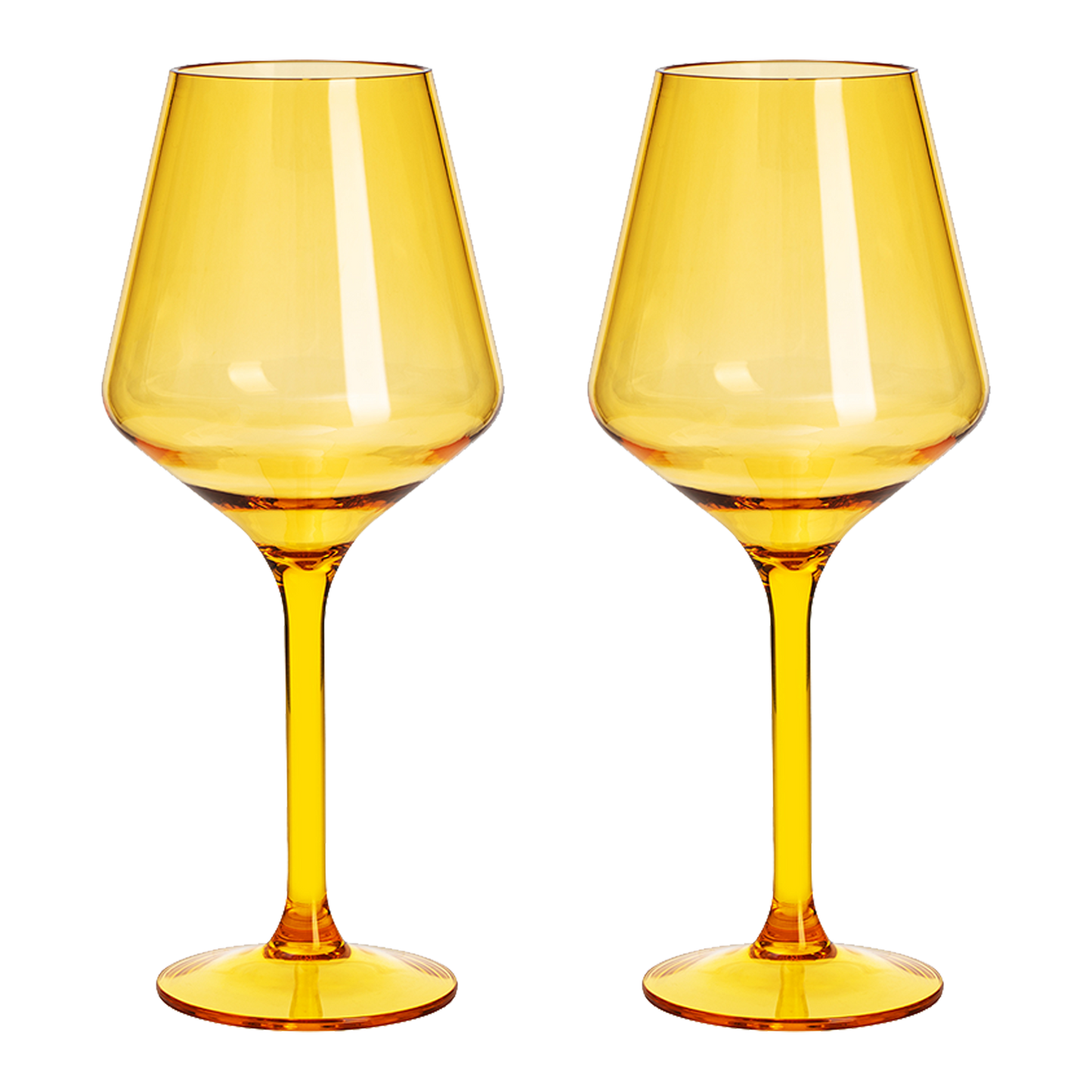 Two amber plastic stemware wine glasses with long stems, side by side.