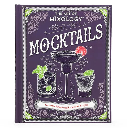 The Art of Mixology: Mocktails hardcover with purple ornate cover and cocktail illustrations.