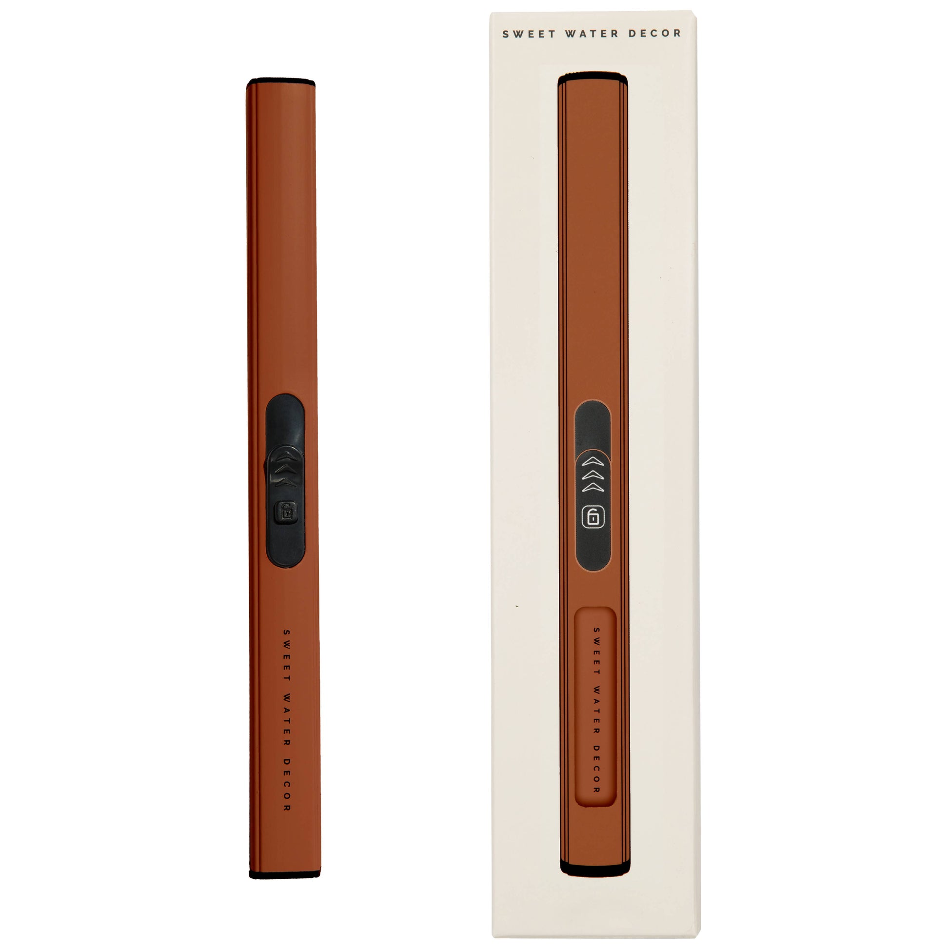 Burnt orange rechargeable electric lighter with flameless ignition, eco-friendly design for candles and fireplaces.