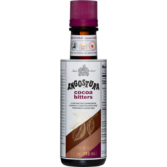 ANGOSTURA Cacao Bitters 4 oz bottle with Trinitario cocoa artwork on the label.