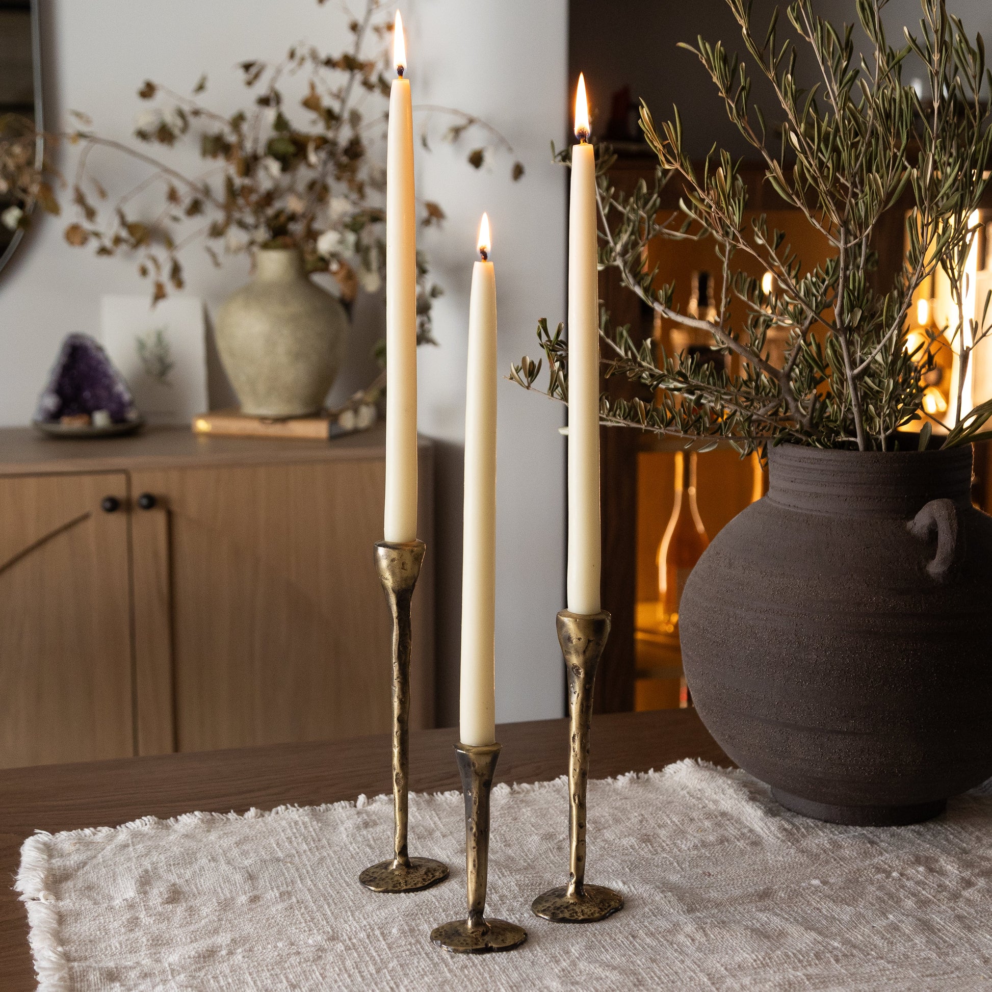 Antique brass large candlesticks set of 3, hand-forged in northern Greece, Byzantine-era inspired table decor.