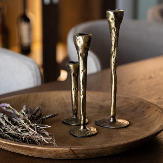 Antique brass large candlesticks set of 3, hand-forged in northern Greece with hammered finish on wood tray.