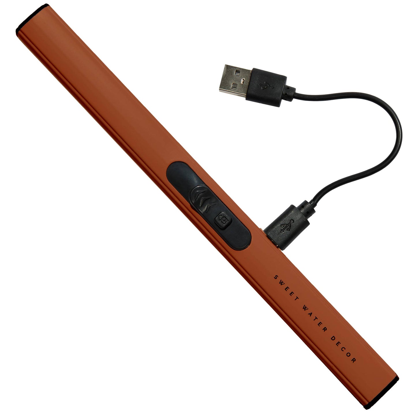 Burnt orange rechargeable electric lighter with USB charging cable and sleek flameless ignition.
