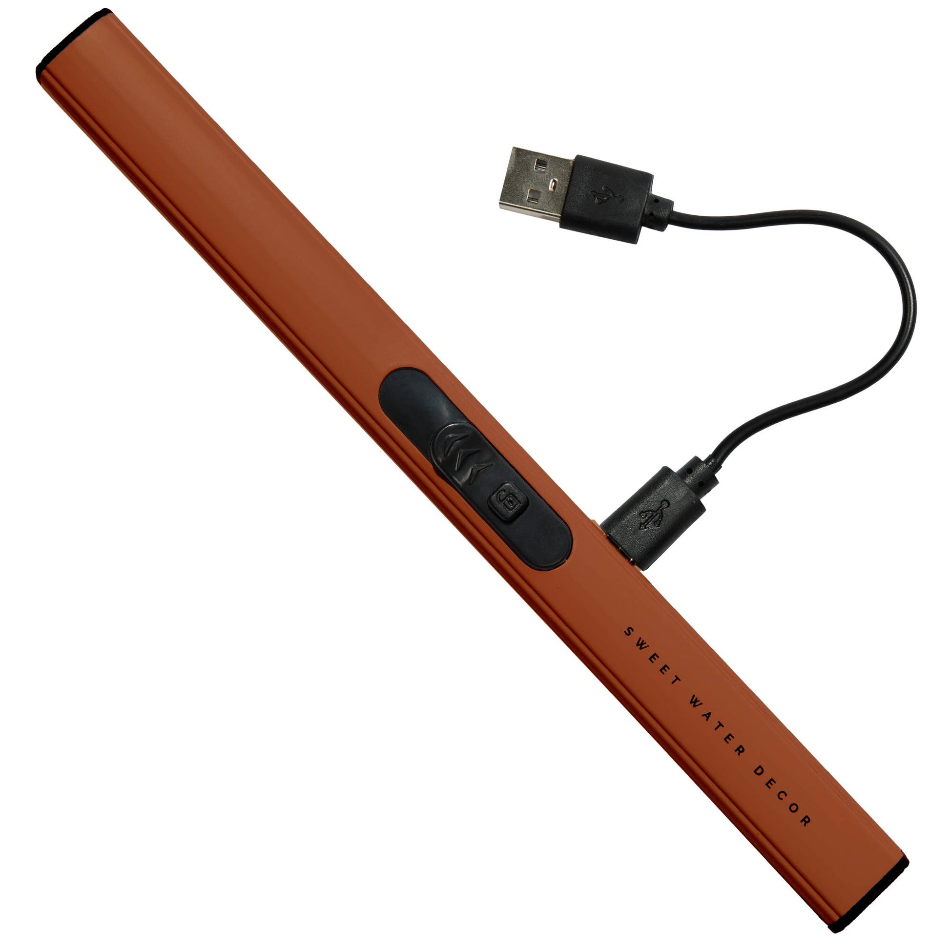 Burnt orange rechargeable electric lighter with USB charging cable and sleek flameless ignition.