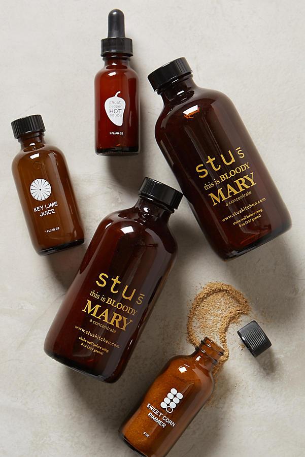 Stu's Bloody Mary Mixology Kit: brown concentrate bottles, key lime juice, hot sauce, and Sweet Corn Rimmer.