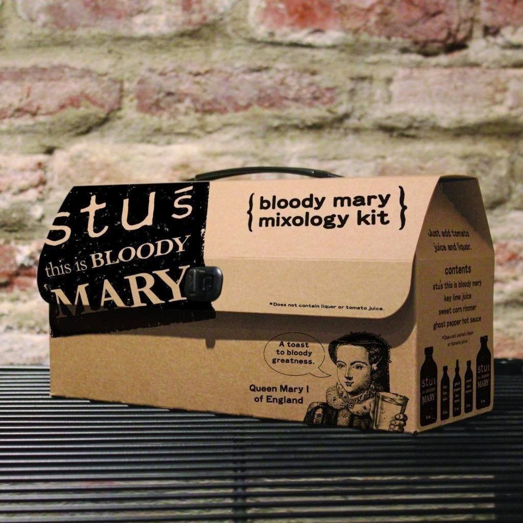 Stu's Bloody Mary Mixology Kit box with bold label and vintage illustration, promoting a full brunch ritual.
