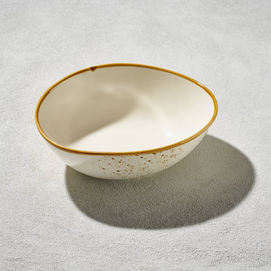 Terra Oval Bowl, White, 8.5 in ceramic oval bowl with gold rim and speckled brown exterior