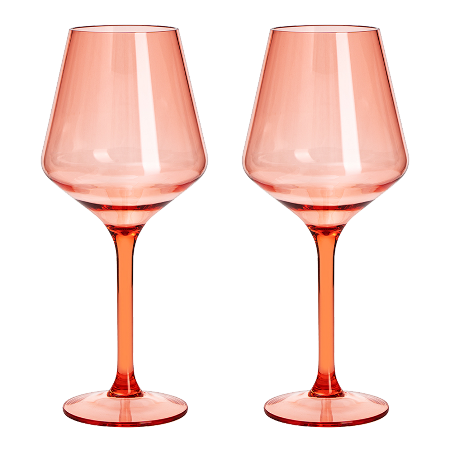 Pair of pink-orange pool-floating wine glasses with stems, 15 oz each.