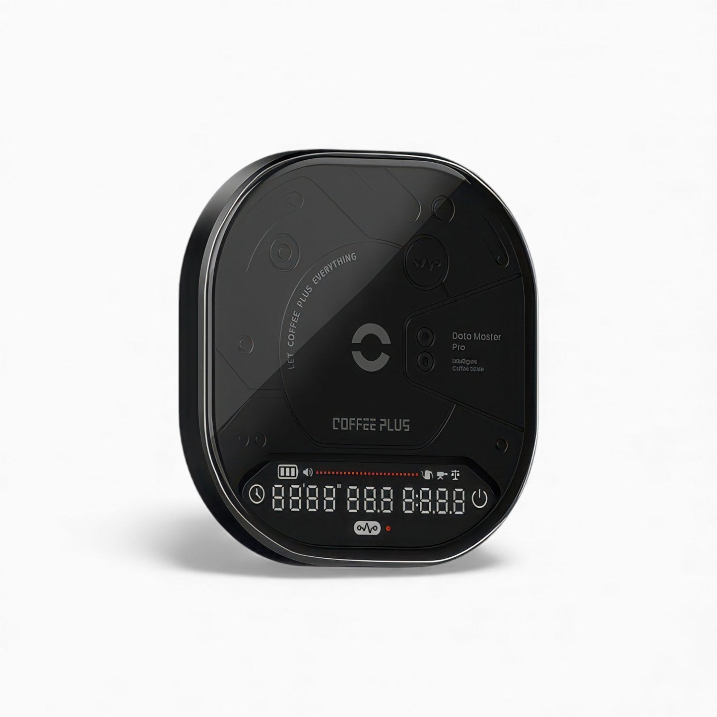 Coffee Plus Data Master Pro smart coffee scale with aerospace aluminum unibody and crystal display.