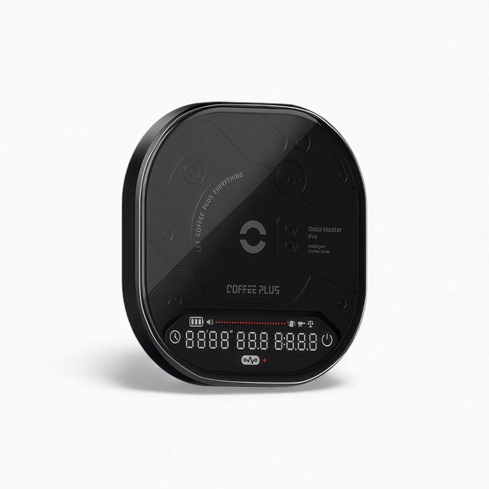 Coffee Plus Data Master Pro smart coffee scale with aerospace aluminum unibody and crystal display.