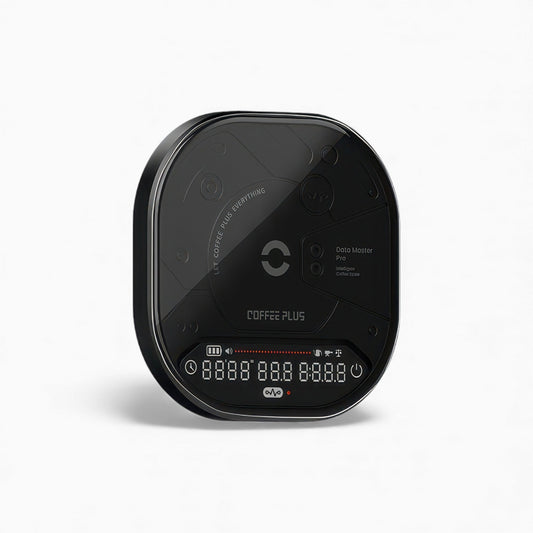Coffee Plus Data Master Pro smart coffee scale with aerospace aluminum unibody and crystal display.