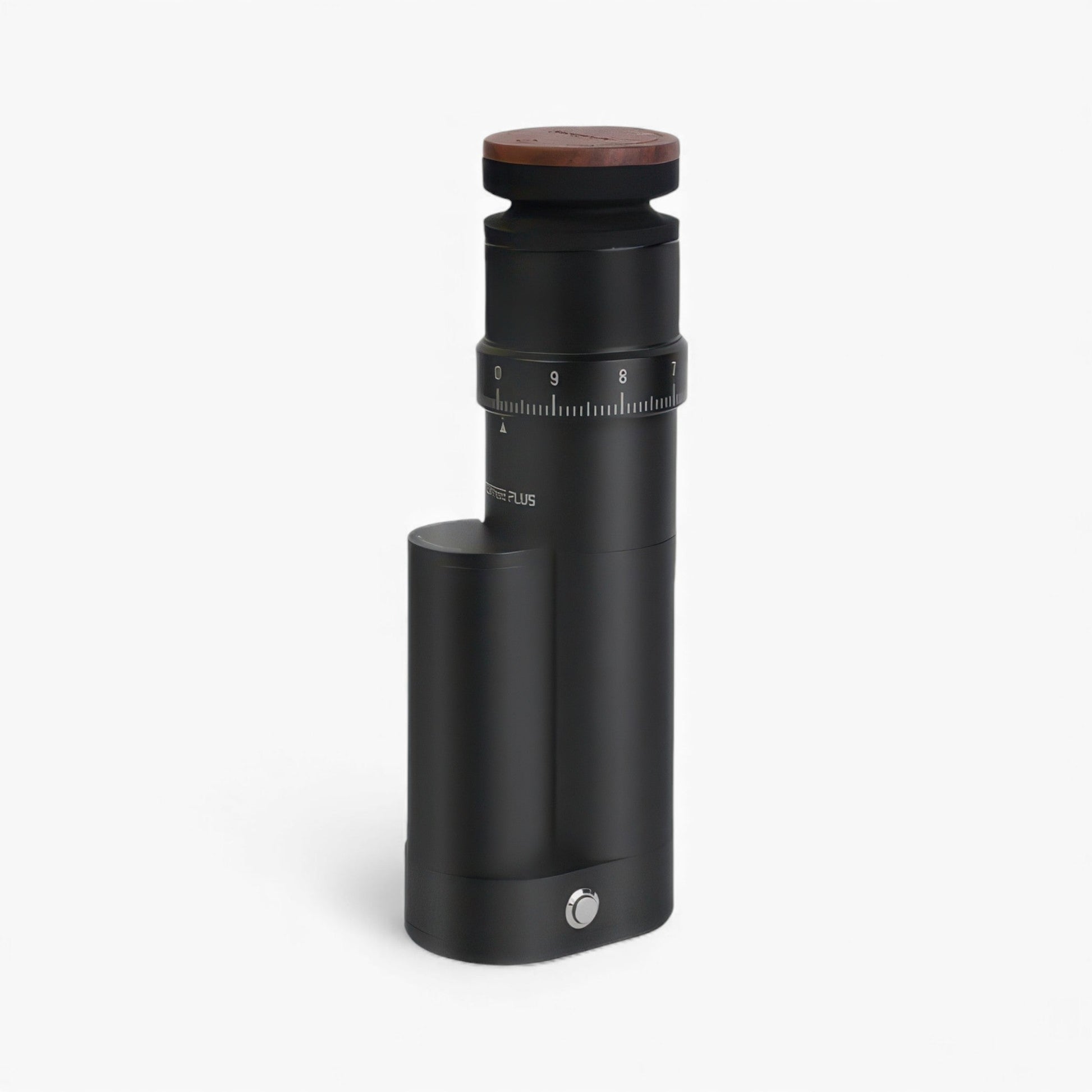 Elf V2 Electric Coffee Grinder, compact black grinder with wooden top and numbered adjustment dial.