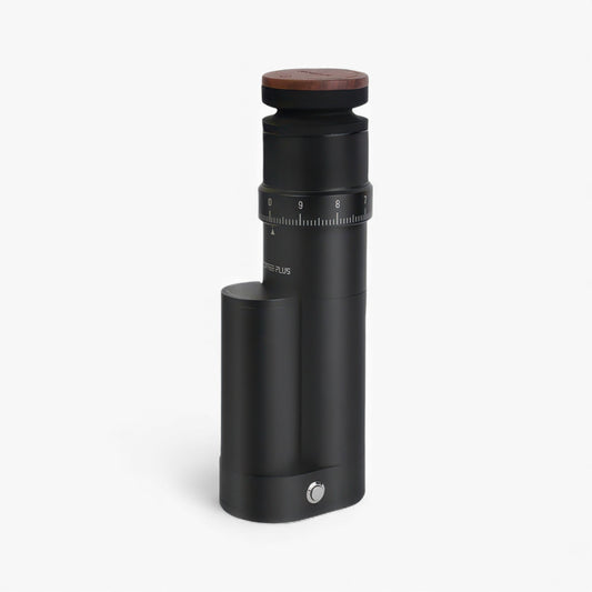 Elf V2 Electric Coffee Grinder, compact black grinder with wooden top and numbered adjustment dial.