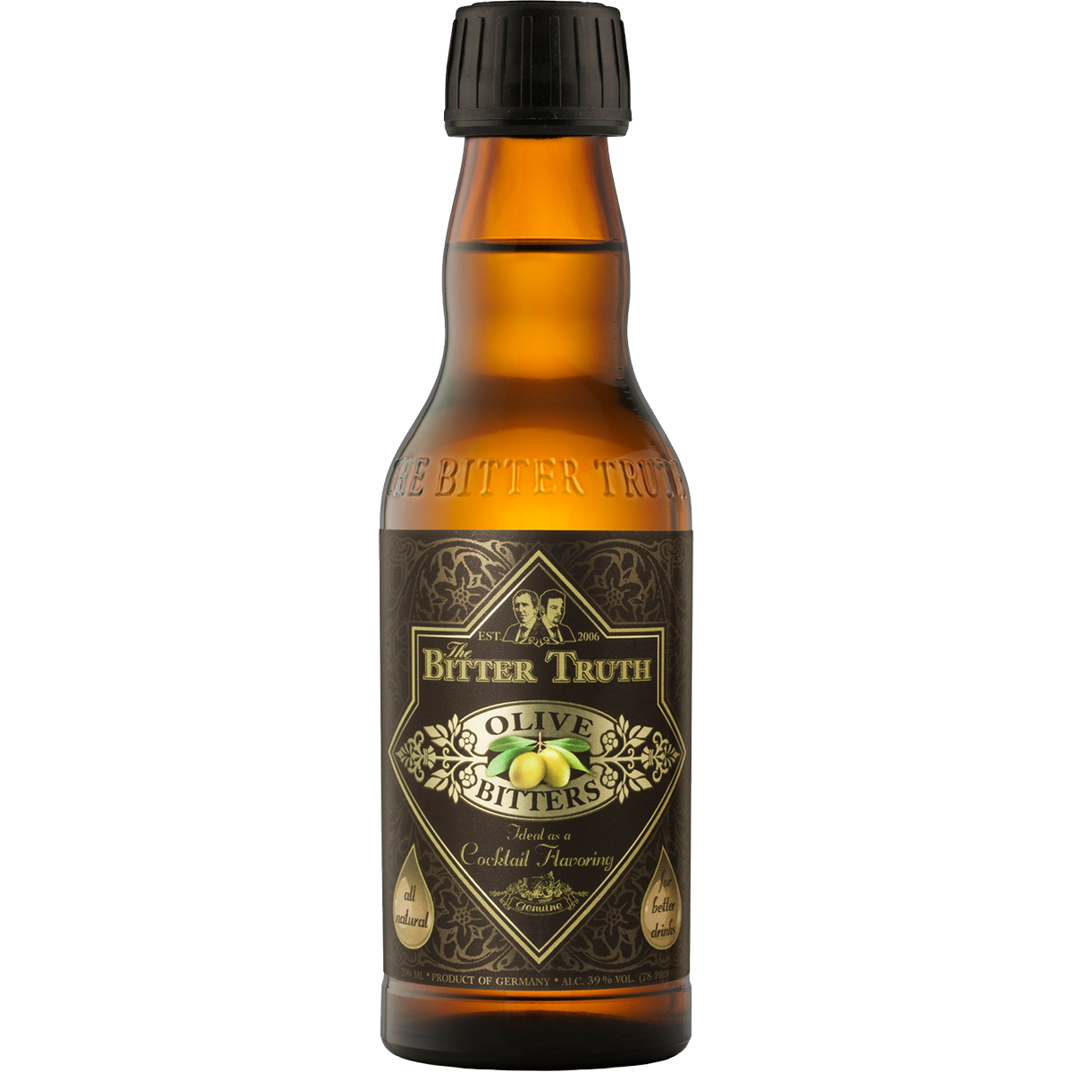 BITTER TRUTH Olive Bitters 200 ml bottle with vintage brown label and olive motif
