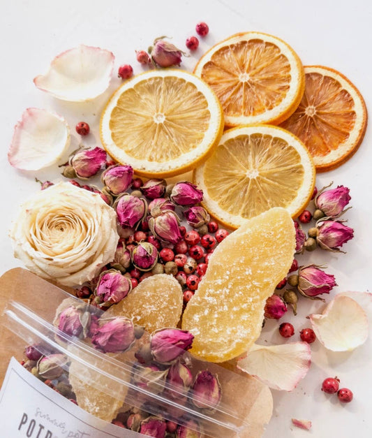 All the Single Ladies simmer pot potpourri: citrus slices, dried rosebuds, petals, and pink peppercorns