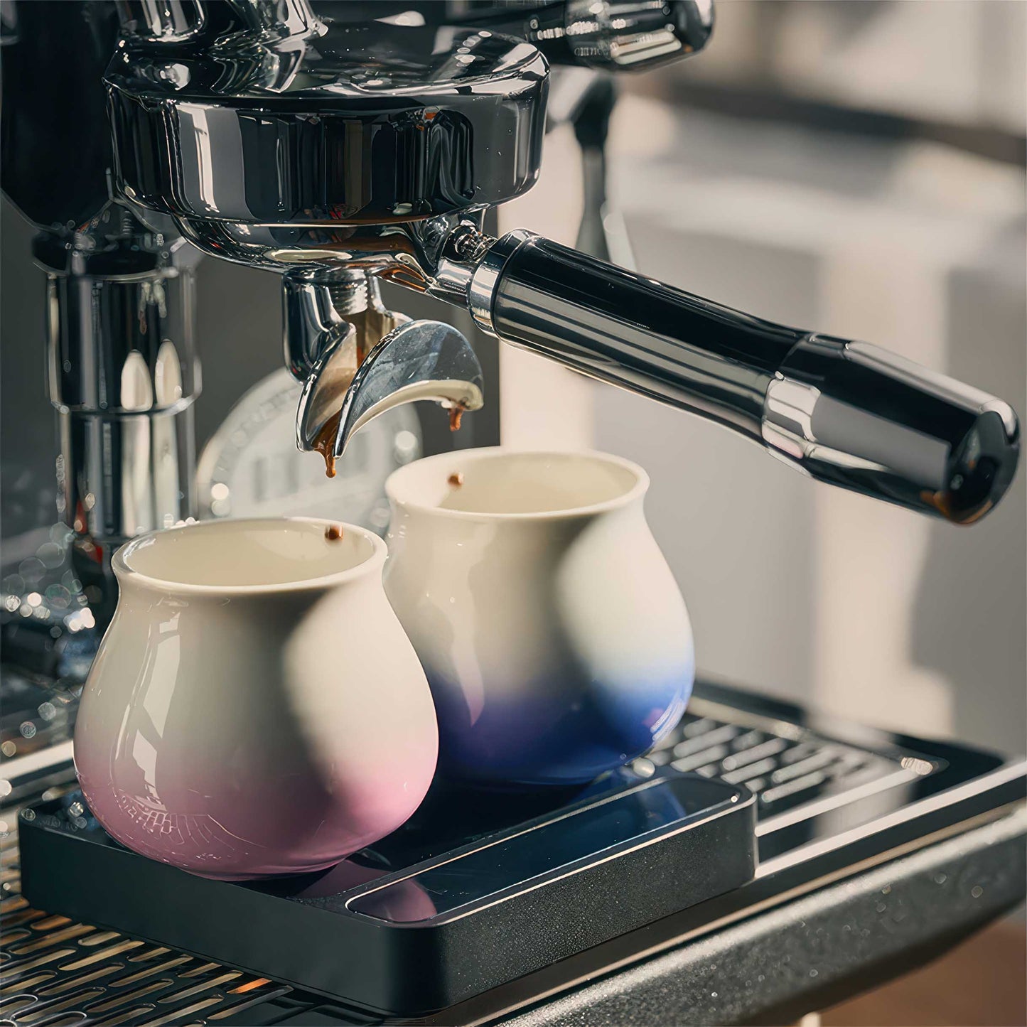 Two 180ml ceramic gradient coffee cups in pink to blue under a coffee machine spout, catching espresso.