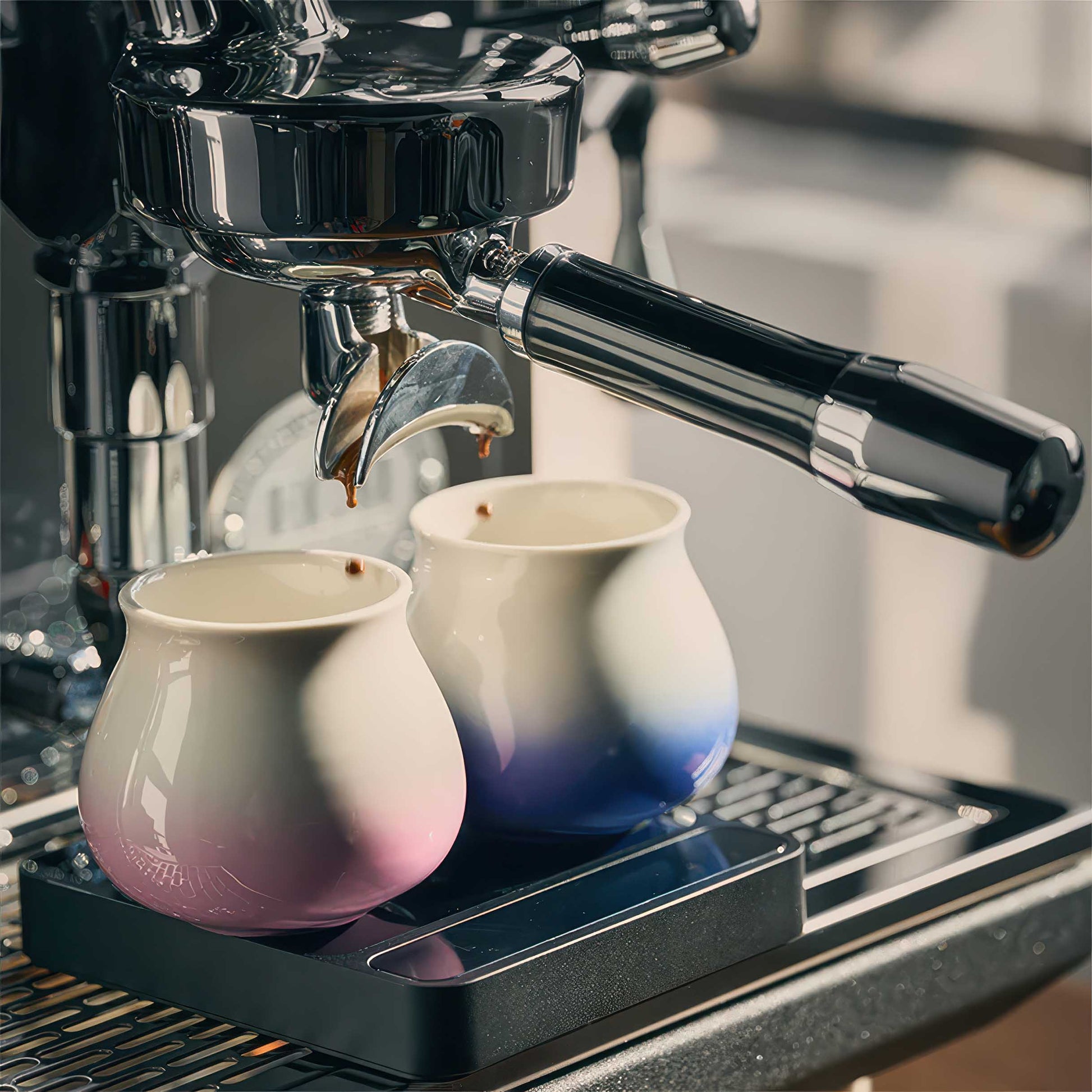 Two 180ml ceramic gradient coffee cups in pink to blue under a coffee machine spout, catching espresso.