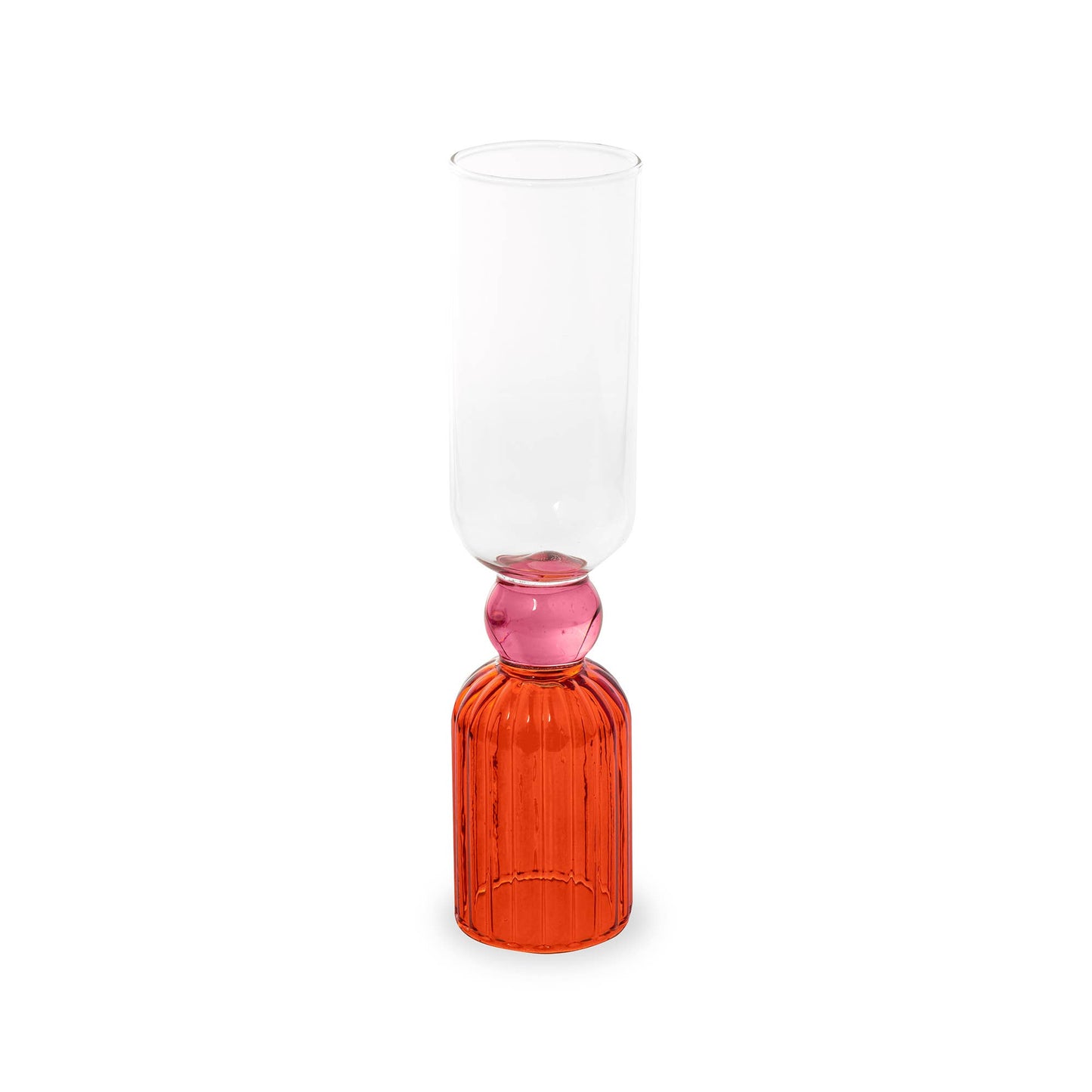 Tipsy Turvy Bar Glass Set: two-piece stacked glasses with orange ribbed base, pink connector, and clear tall tumbler.