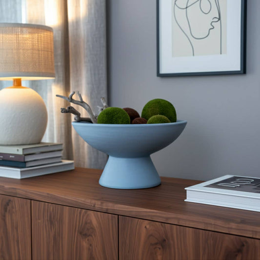 Blue Ceramic Pedestal Bowl With Sculptural Stand For Modern Centerpiece