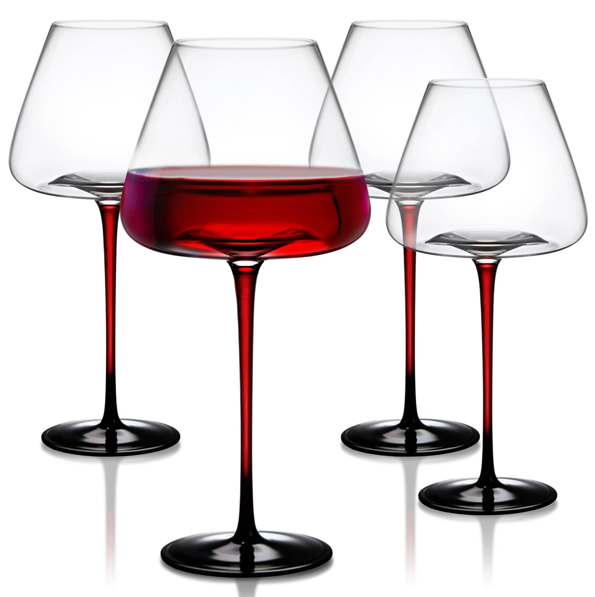 Four 24oz Extra Large Concave wine glasses, one filled with red wine, showcasing tall stems and elegant design.