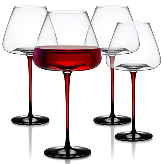 Four 24oz Extra Large Concave wine glasses, one filled with red wine, showcasing tall stems and elegant design.