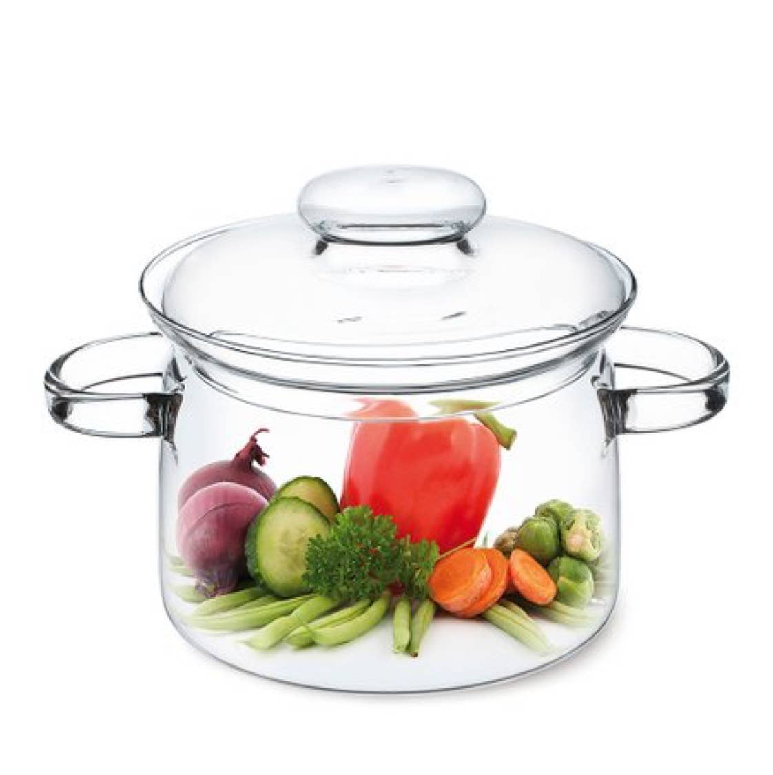 1.5 Liter Clear Glass Simmer Pot with Matching Lid shown with fresh vegetables inside.