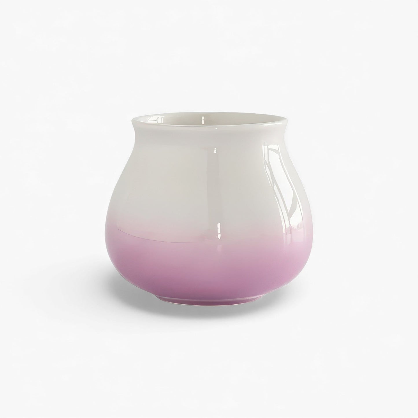 Ceramic gradient coffee cup with white-to-pink glaze, wide mouth, rounded bottom, 180ml.