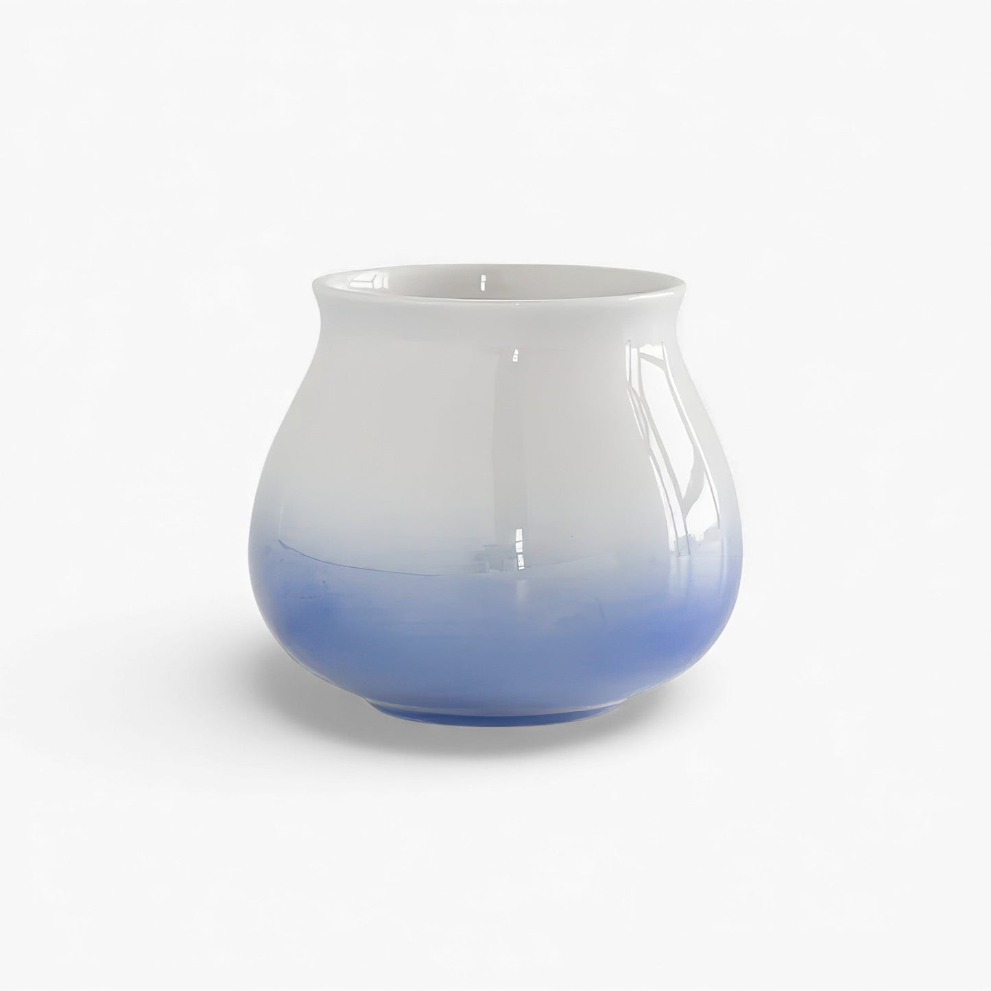 Ceramic gradient coffee cup with white-to-blue fade, 180ml capacity, wide-mouth and hemispherical bottom.