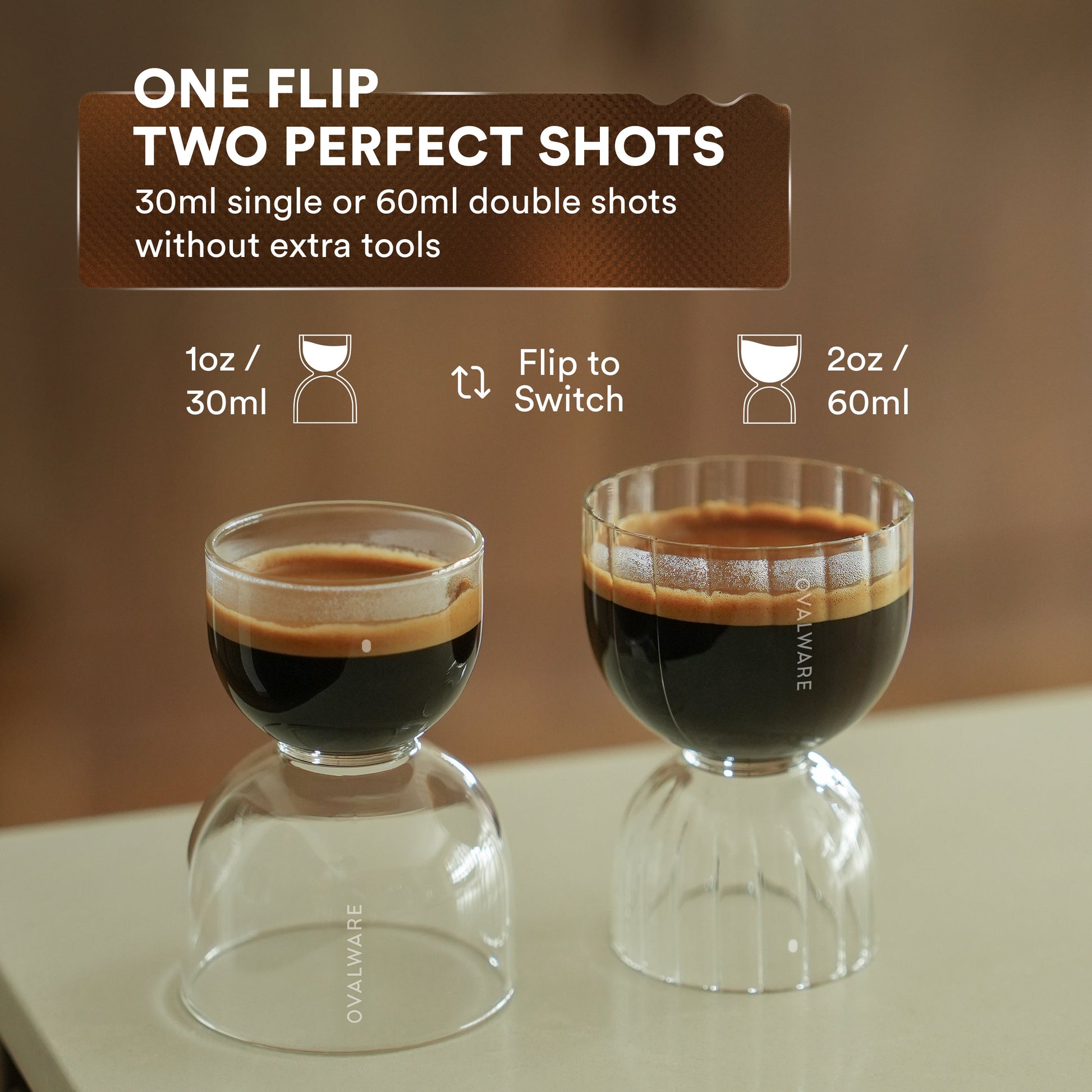 Espresso Shot Glass Set of 2 with flip switch for 30ml/1oz or 60ml/2oz, oval measurement dots for precise dosing.