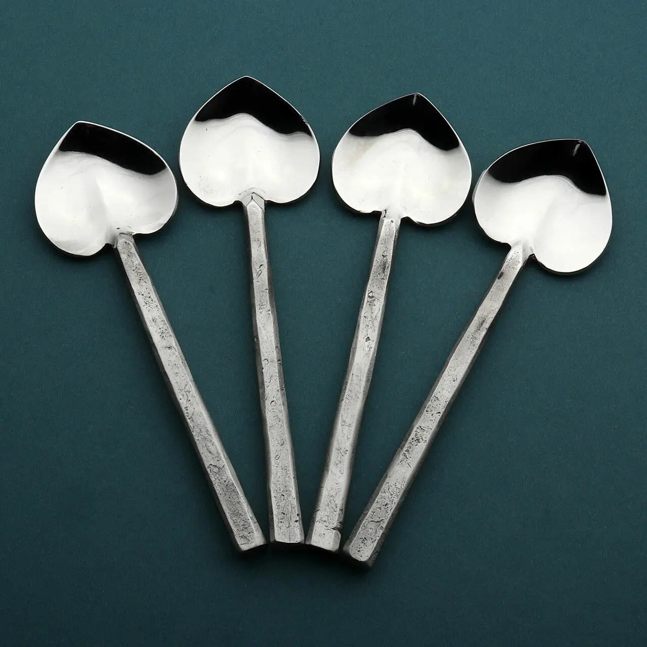 Jason Heart Coffee/Dessert Table Spoon 4 Pc Set with luminous heart-shaped bowls and square steel handles.