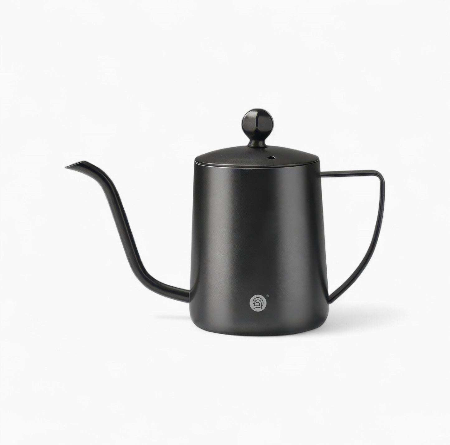 Gooseneck Pour Over Coffee Kettle in black, 304 stainless steel, long curved spout with lid knob.