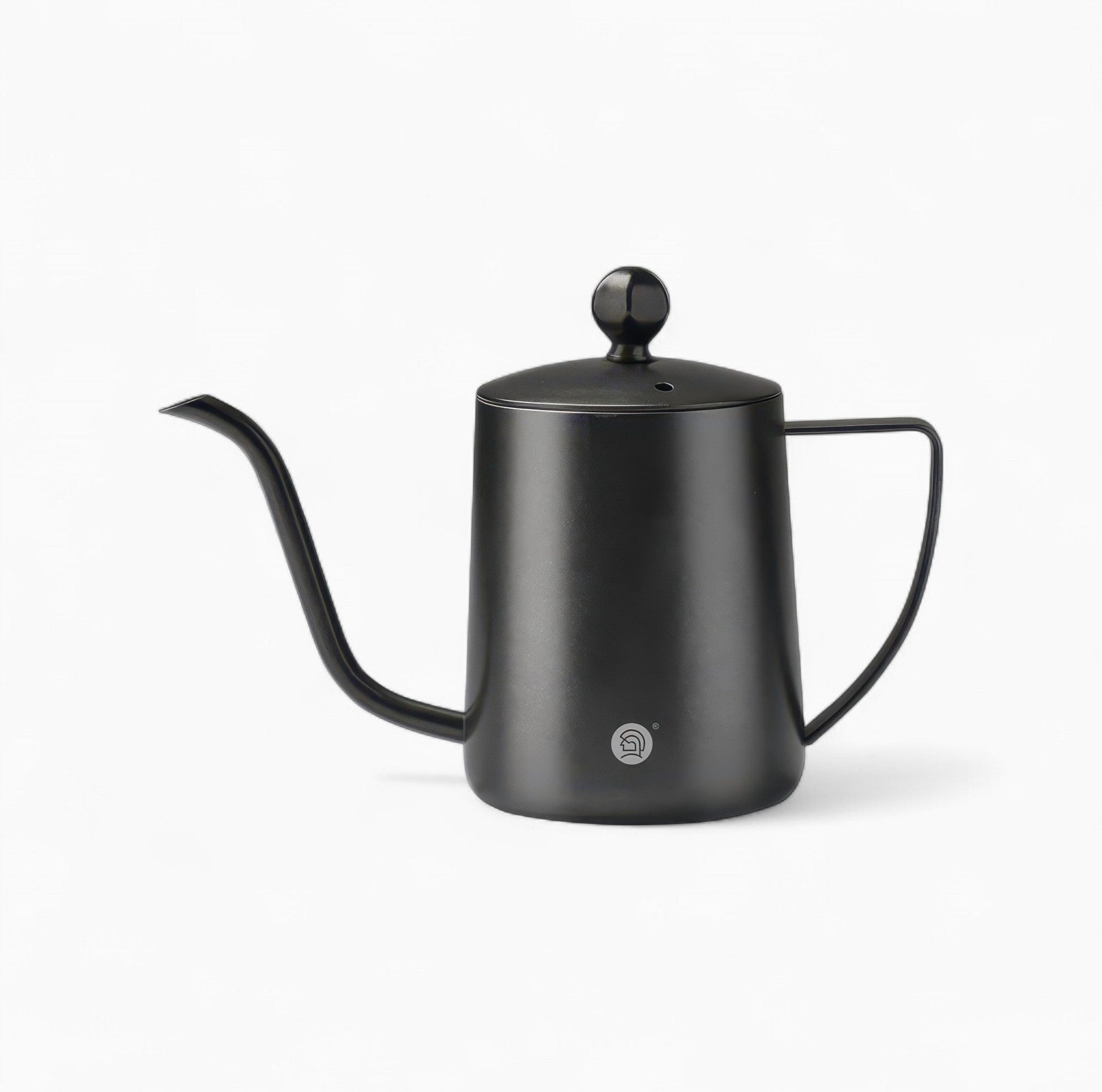 Gooseneck Pour Over Coffee Kettle in black, 304 stainless steel, long curved spout with lid knob.