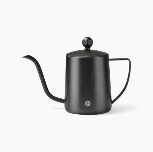 Gooseneck Pour Over Coffee Kettle in black, 304 stainless steel, long curved spout with lid knob.