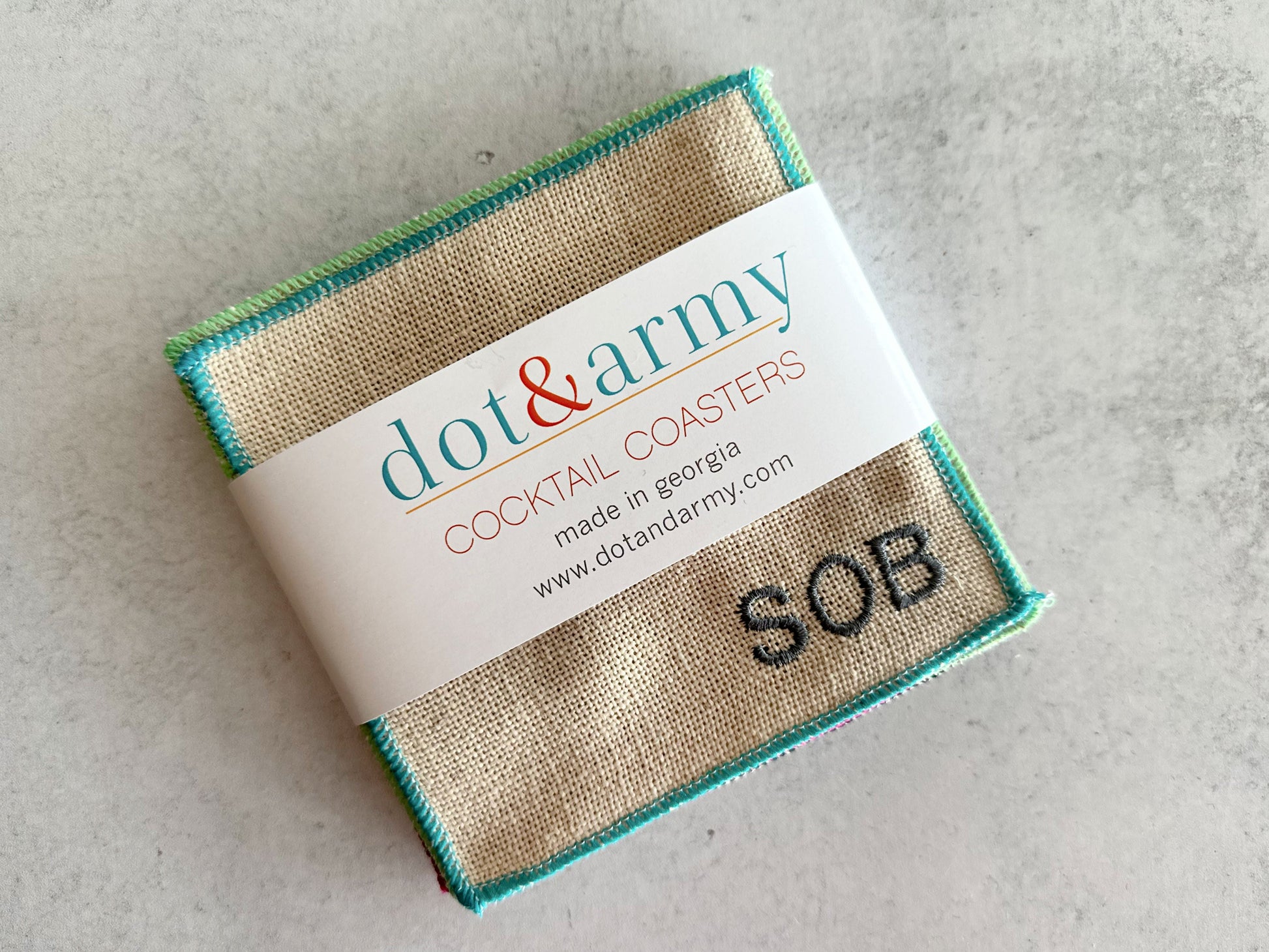Colorful Sweary Cocktail Coasters, set of 8 with turquoise edging and burlap texture; SOB embroidery.
